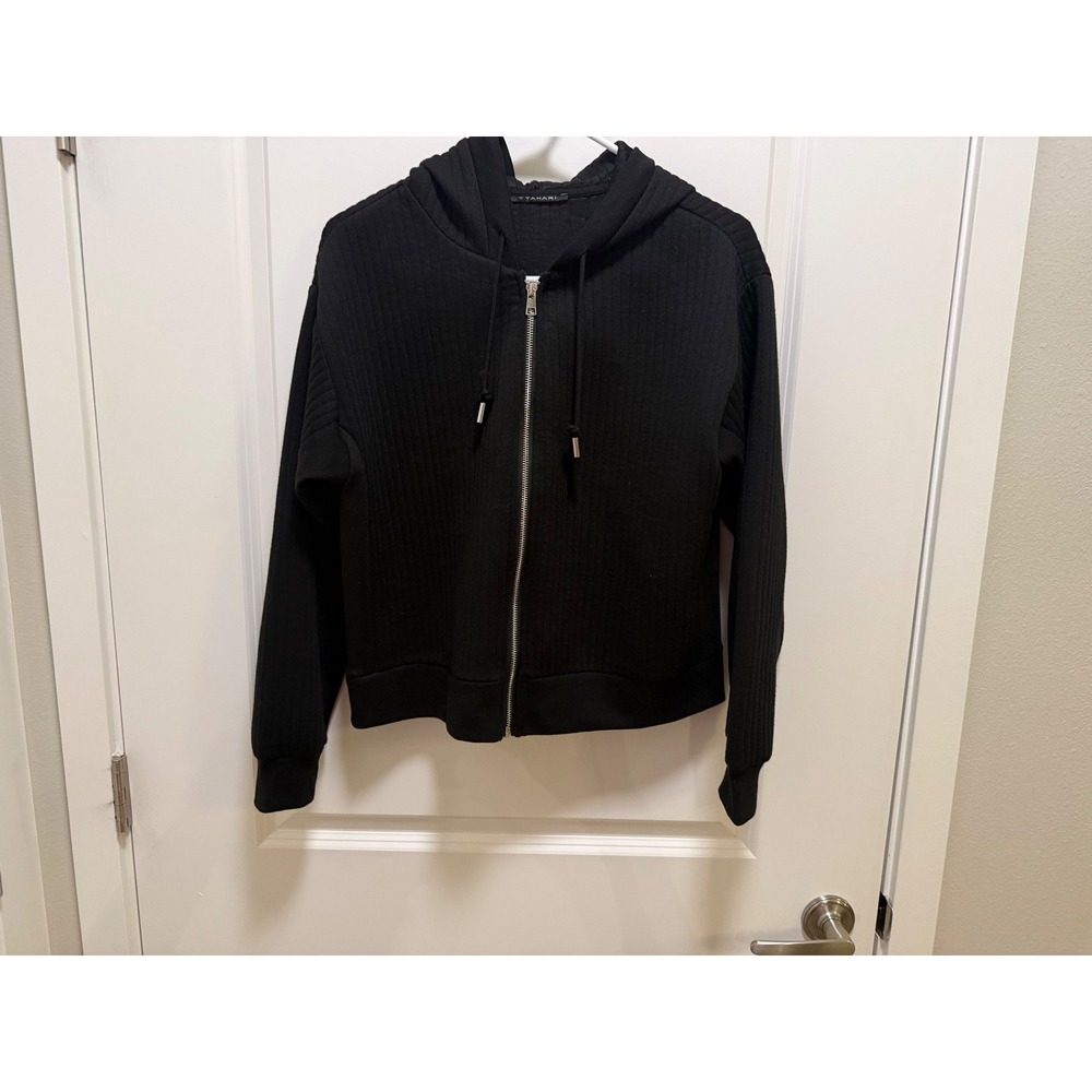 T Tahari Womens Black Ribbed Full Zip Cropped Hoodie Sweatshirt Size Medium